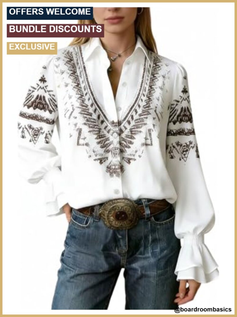 Boho Paisley Long Sleeve Ruffled Cuff Button Down Blouse